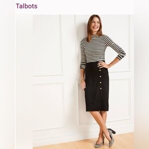 Talbots Black Ponte Pencil Skirt with Gold Buttons